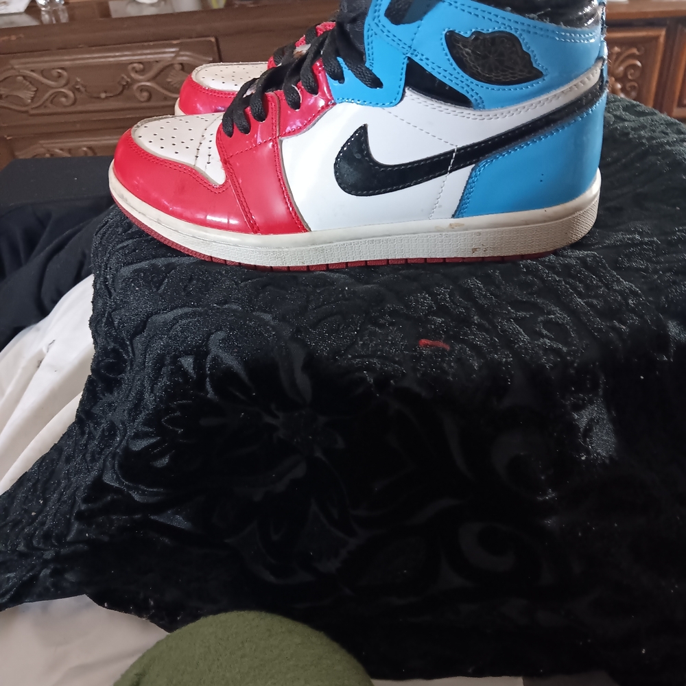 Jordan Red, Blue, and Black High-Top Sneakers